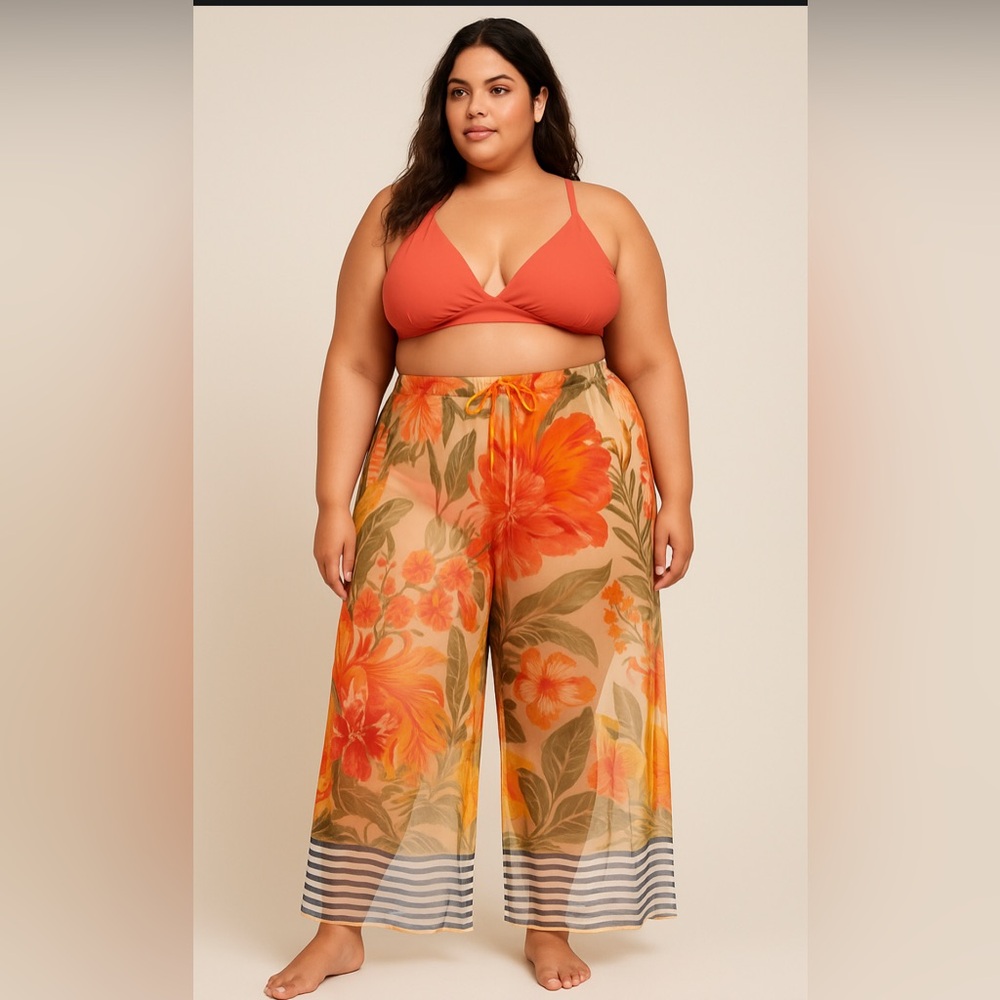 Tropical Floral Elastic Waist‎ Striped Hem Wide Leg coverup Pants Size 2X new